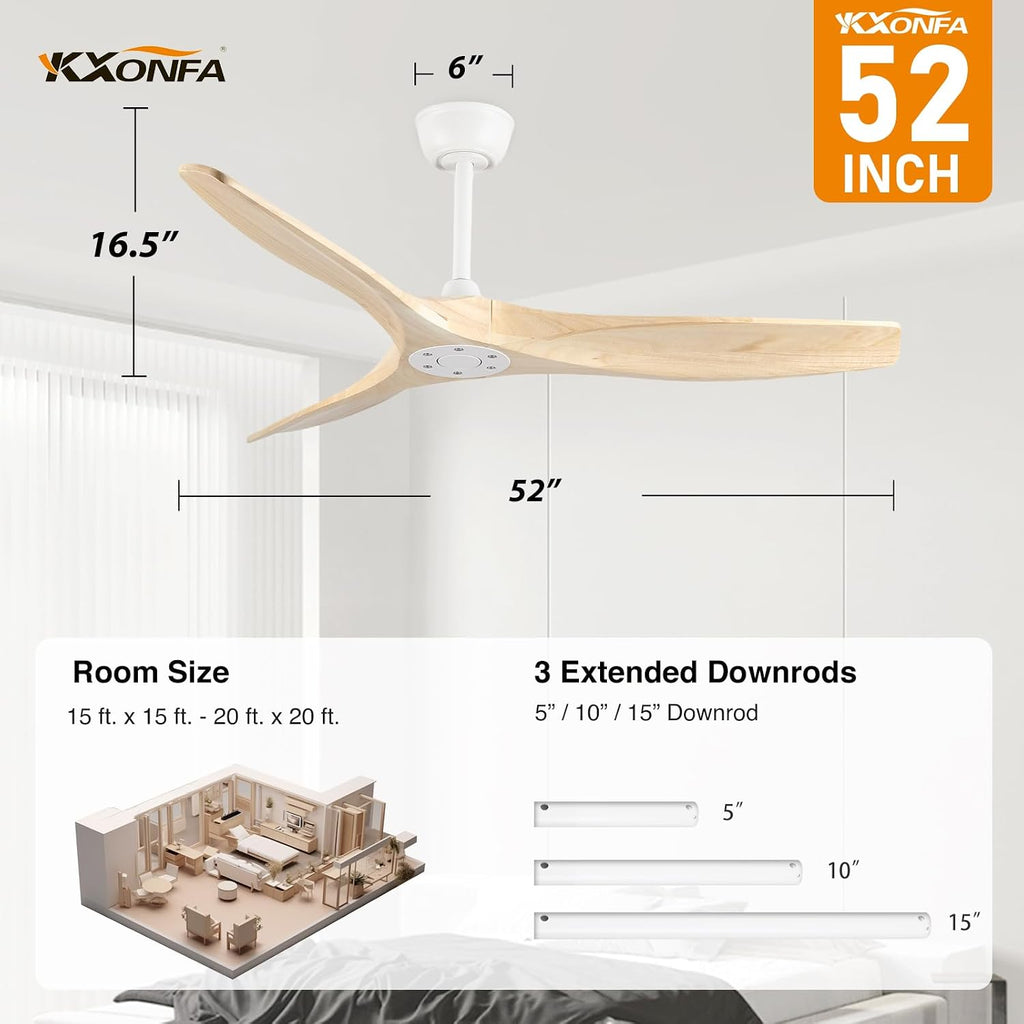 52 Inch Ceiling Fan No Light Outdoor Wood Ceiling Fans with Remote Control,Flush Mount,3 Blades Reversible Quiet DC Motor Modern Ceiling Fan Without Light for Patios Farmhouse Bedroom Indoor