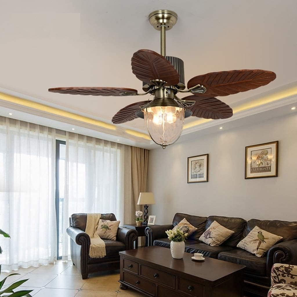 Low Profile Ceiling Fan Retro Ceiling Fan Engraving Solid Wood Leaf Ceiling Fan with Quiet Reversible Motor Ceiling Fan Light Chandelier Fan Lights Ceiling Fixtures(52 inch)