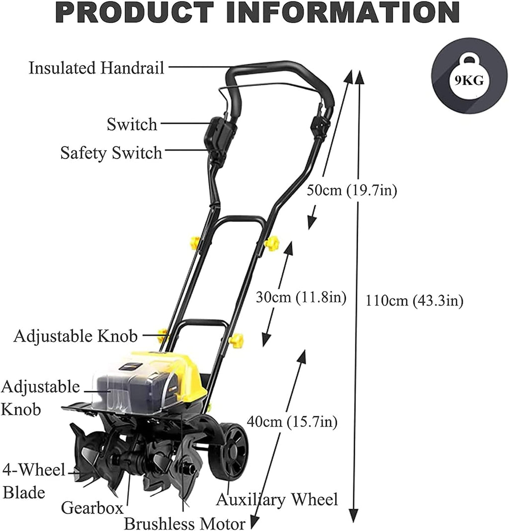Electric Tiller Rotavator, 14-Inch 40-Volt Lithium-Ion Cordless Electric Tiller/Cultivator, 4Ah Battery & Charger Included, Electric Hoe