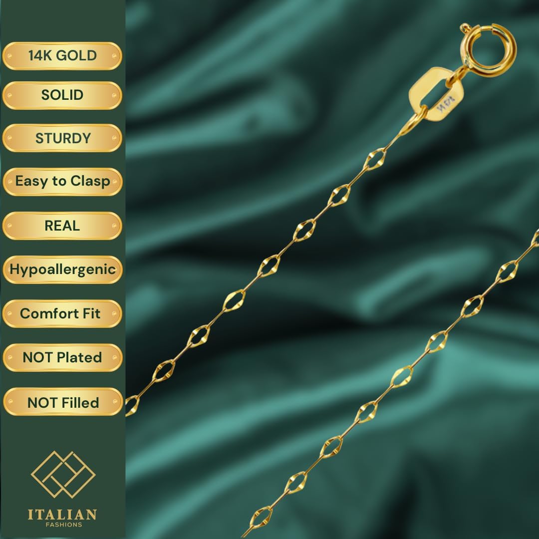Italian Fashions 14K, 10K Yellow or White or Rose Solid Gold Italian Diamond Cut 0.8 mm-1.2 mm Rope and Mirror Cable Chain Necklace Thin & Strong gold chain Thin And Lightweight MADE IN ITALY