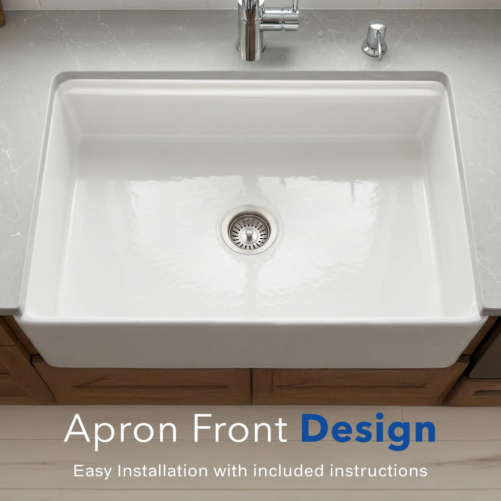 Houzer Aspire White Fireclay Workstation Sink: 33 Inch Farmhouse Apron Front Single Bowl with Accessories, Durable & Versatile, Essential for Home & Apartment: PTW-3320S WH