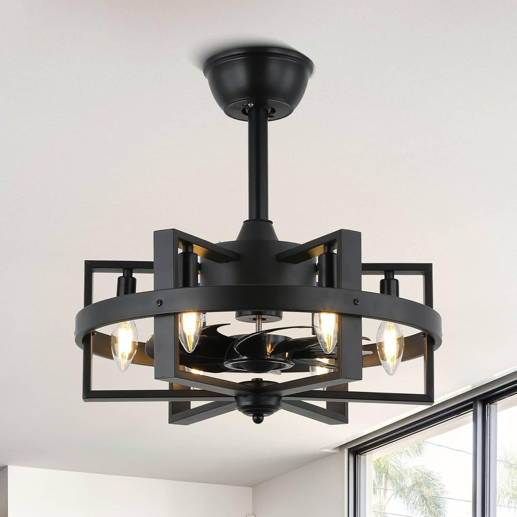 18.5 Inch 6-Lights Black Caged Ceiling Fan with Light, Retro Industrial Enclosed Modern Ceiling Fans with Remote Control, 3-Speed Farmhouse Ceiling Fan with Remote for Bedroom Living Room (Black)