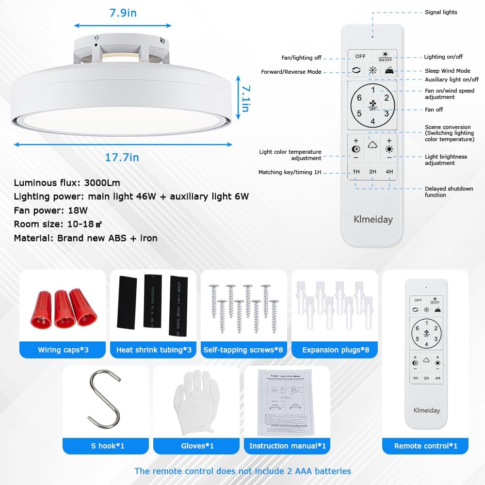 Ceiling Fans with Lights and Remote, Flush Mount Modern Bladeless Ceiling Fan with Light, 6 Speeds, Stepless dimming and CCT 3000K-6000K LED Lights for Bedroom, Study Room (White, 17.7″)