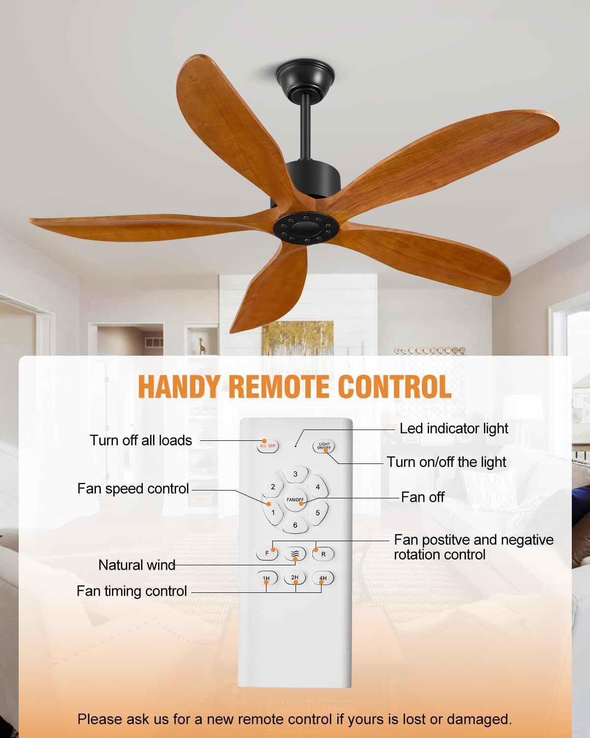 Yahada 52 Inch Ceiling Fan No Light with Remote, USA Original Patent Outdoor Ceiling Fans, 5 Wood Blades, 3 Downrods, Timer, 6 Speeds ETL DC Motor Fans for Patios Bedroom, Yellow Walnut