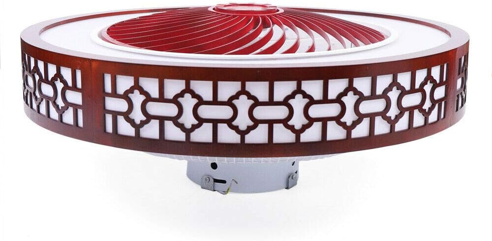 22' Round Wood Ceiling Fan with Lights, Red Retro Cutout LED Remote Control 3 Colors Lighting Modes, Acrylic Blades Metal Shell Semi Flush Mount Low Profile Lamp Home Dining Room Indoor