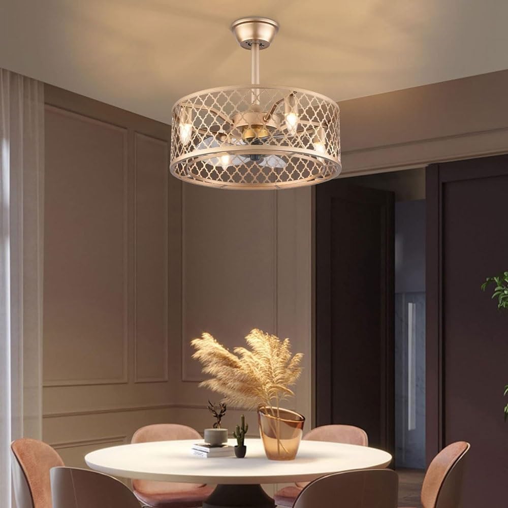 LYZAP Enclosed Ceiling Fan Indoor Remote，20inch Industrial Ceiling Fan with Lights，Gold Caged Retro Ceiling Fan Metal Bladeless，Chandelier Fan Lighting Fixture for Living Dining Room Bedroom Kitchen