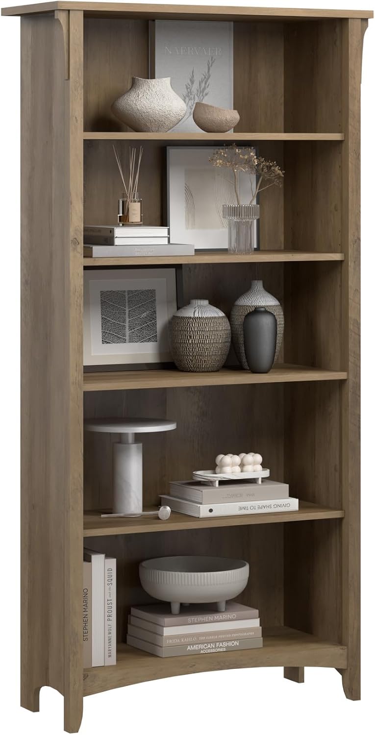 Bush Home Salinas 5 Shelf Bookcase in Reclaimed Pine, Tall Bookshelf, Large Book Shelf for Living Room, Home Office, or Entryway