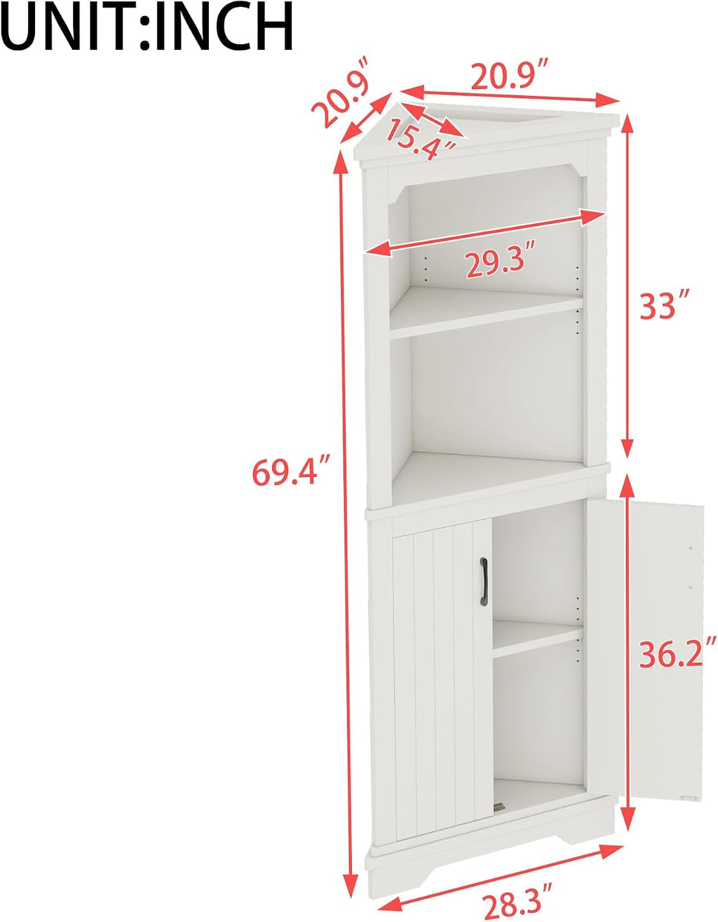 KEIKI 69' Tall Corner Cabinet, Farmhouse Corner Storage Cabinet with Doors & Shelves, Home Storage for Living Room, Bathroom, Dining Room or Kitchen, White