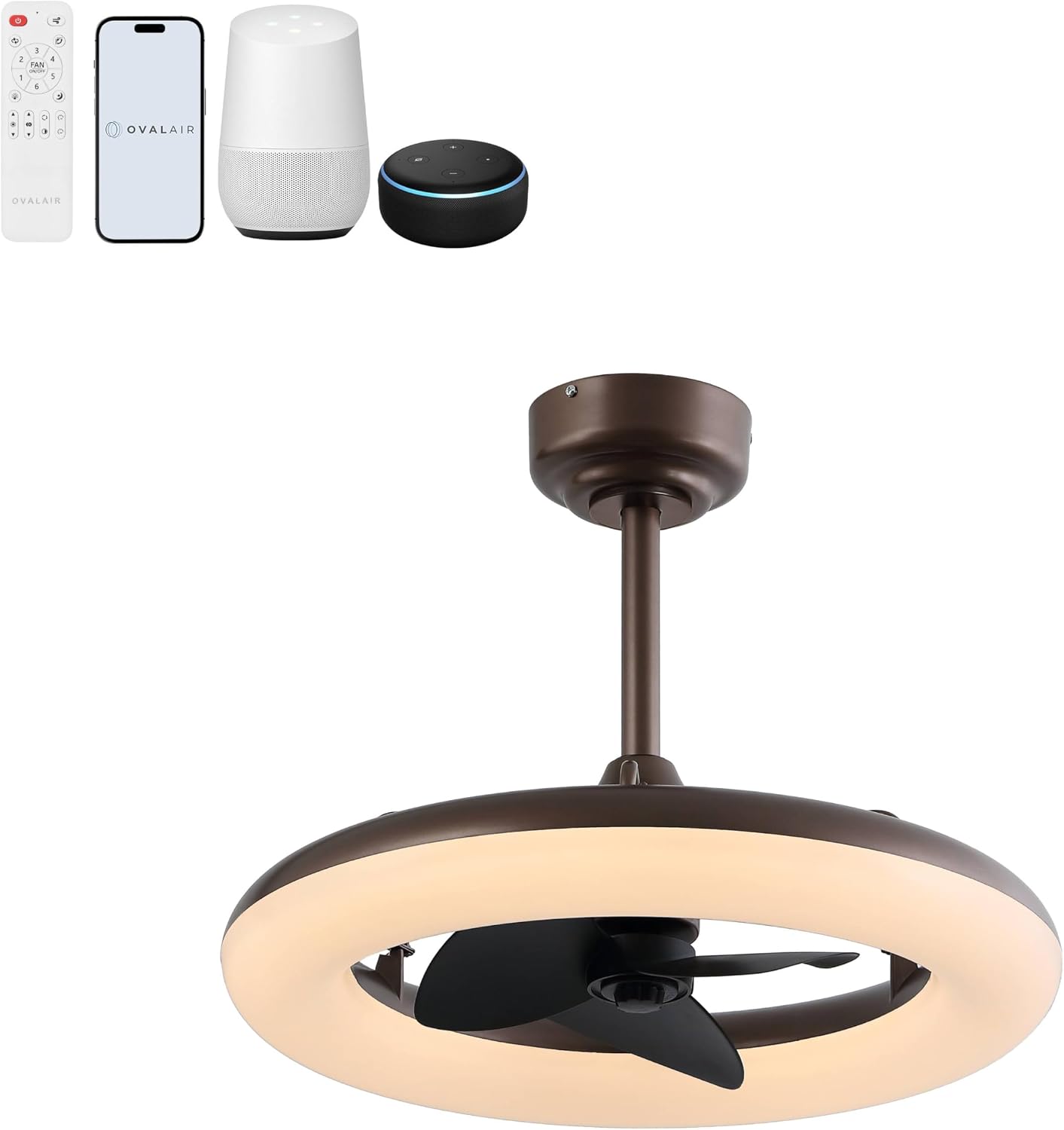 OVAL AIR AIR8001A Piero 21.5' Contemporary Minimalist 6-Speed Metal Mobile-App/Remote-Controlled Dimmable Smart Integrated LED Ceiling Fan Bedroom, Living Room, Dining Room, Deep Espresso Bronze