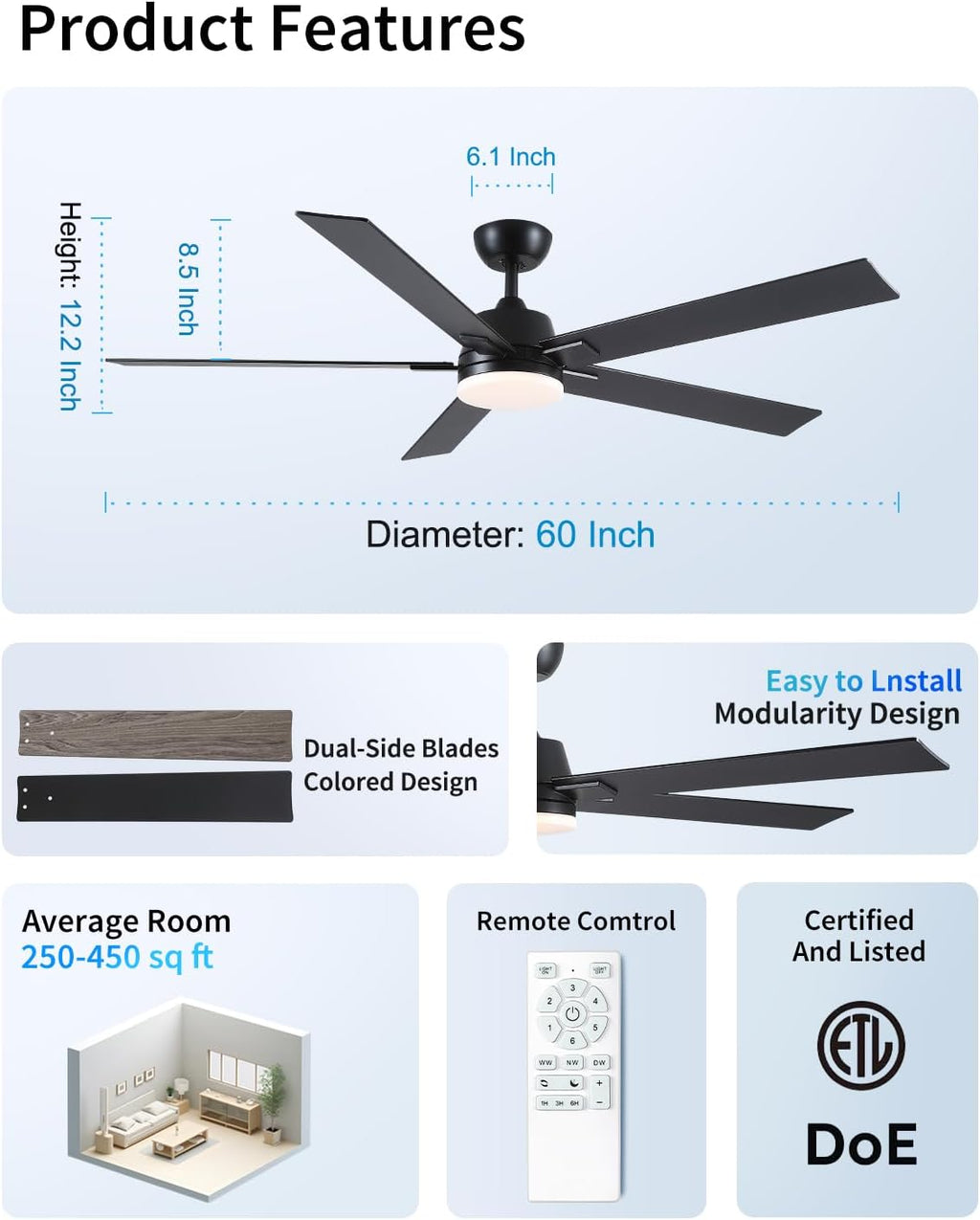 Rayqueen 60 Inch Black Ceiling Fans with Lights and Remote,Includes Downrod | 6 Speed Reversible DC motor,3-color temperature dimmable LED.For indoor/covered outdoor.Modern style for bedroom room