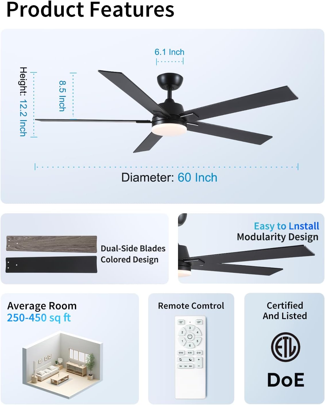 Rayqueen 60 Inch Black Ceiling Fans with Lights and Remote,Includes Downrod | 6 Speed Reversible DC motor,3-color temperature dimmable LED.For indoor/covered outdoor.Modern style for bedroom room
