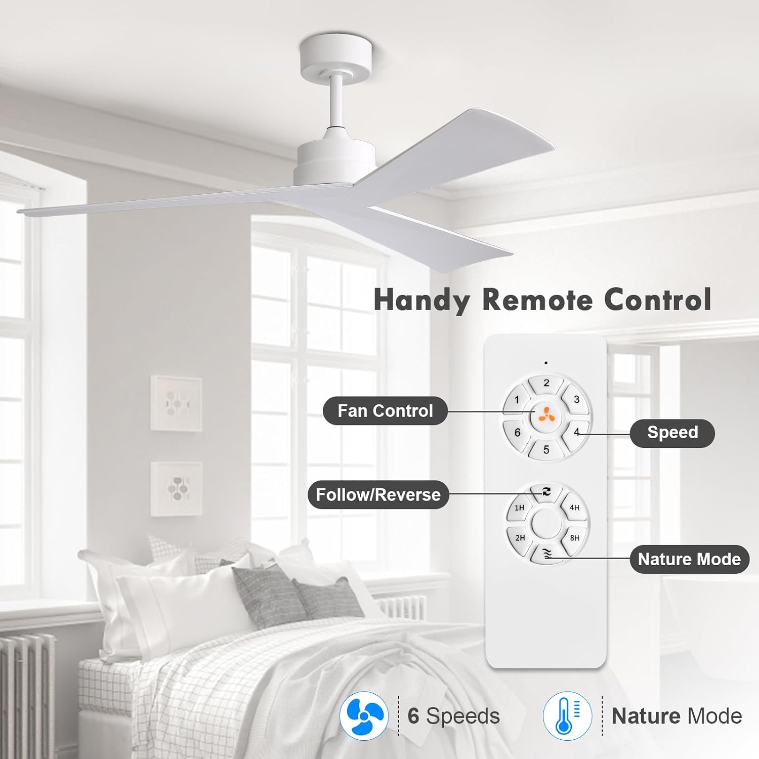 WINGBO 52' DC Ceiling Fan without Lights, White Ceiling Fan with Remote, 3 ABS Plastic Blades, 6 Speed Reversible DC Motor, Ceiling Fans No Light for Kitchen Bedroom Living Room