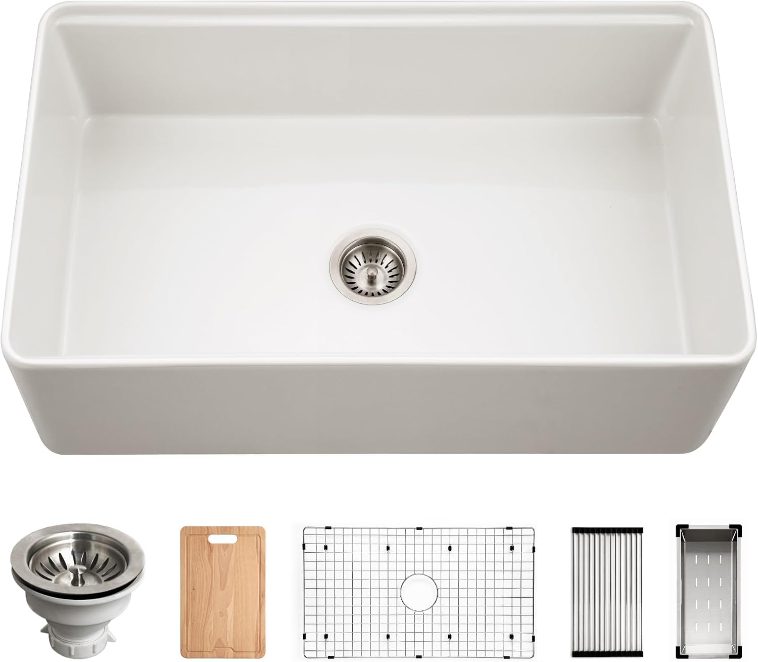 Houzer Aspire 33 inch Matte White Fireclay Farmhouse Apron Front Single Bowl Workstation Sink with Accessories - PTW-3320S MWH