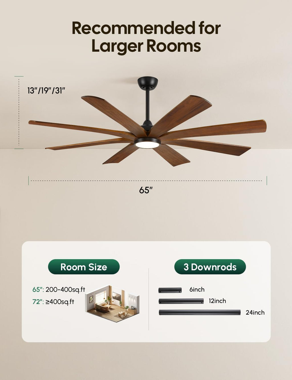 65 Inch Smart Outdoor Ceiling Fan with Lights, Alexa/App/Remote Control, 8 Solid Wood Walnut Blades Damp Rated, High 9876 CFM Quiet DC Motor, Farmhouse Style for Large Room Exterior Gazebo Patio