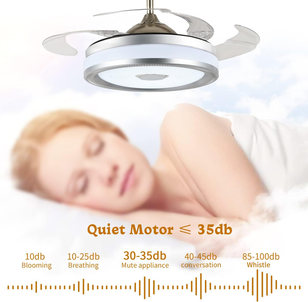 42' Modern Retractable Bluetooth Ceiling Fans with Lights and Remote Control, Invisible Chandelier Fan Lighting with Speaker Play Music 7 Colorful Dimmable Fixture for Bedroom/Living/Room