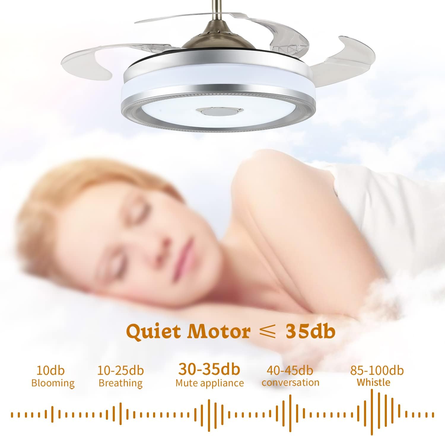42' Modern Retractable Bluetooth Ceiling Fans with Lights and Remote Control, Invisible Chandelier Fan Lighting with Speaker Play Music 7 Colorful Dimmable Fixture for Bedroom/Living/Room