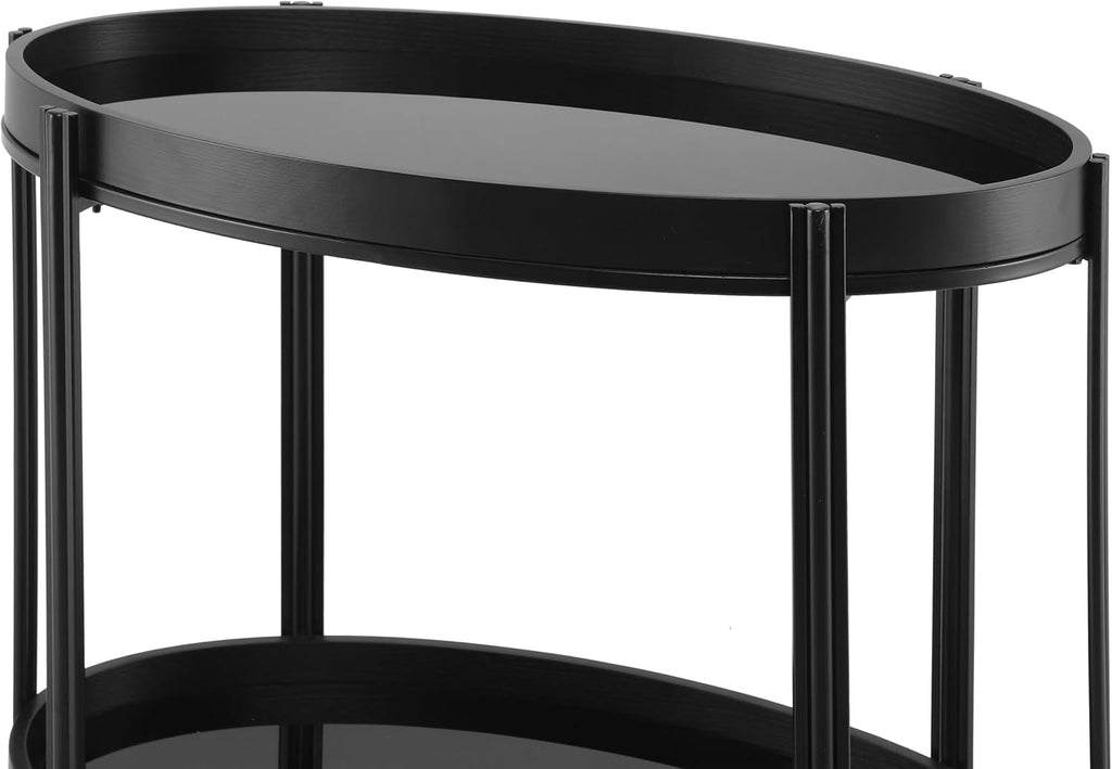 Christopher Knight Home Liz Bar Cart with Wheels, Oval Serving Cart with 2 Tempered Glass Shelves for Home Bar/Kitchen, 2 Tier Storage Drink Trolley, Beverage Cart with Metal and Wood Frame, Black