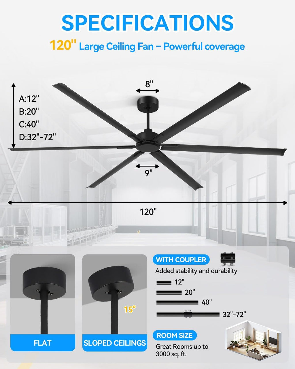 [Heavy Duty] 120 Inch Industrial Ceiling Fan, Big Assed Fan, HVLS Extra Large Commercial Ceiling Fan with Aluminum Blades, Remote Control, Powerful Reversible DC Motor for Warehouse, Shop, Garage
