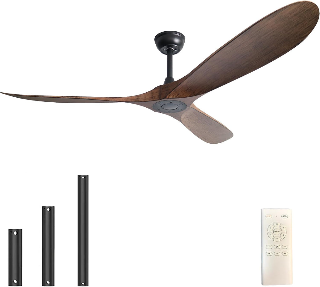 60'' Ceiling Fan with Remote Control, Modern Indoor/Outdoor Ceiling Fans,Quiet and Reversible DC Motor, 3 Plastic Dark Walnut Blades with Strong Wind for Living Room,Patio,Farmhouse,Bedroom