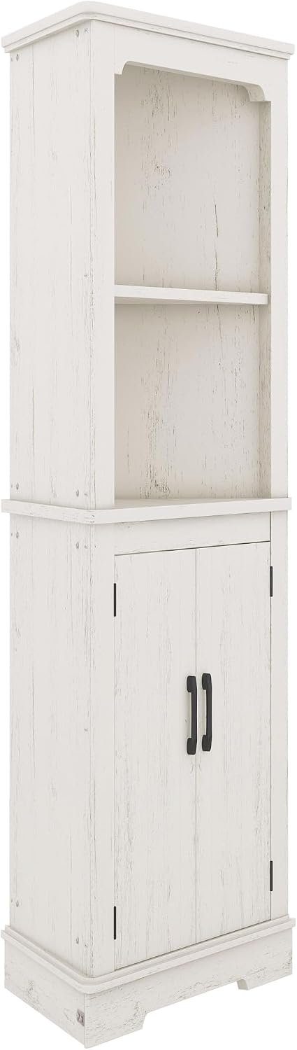 KEIKI Tall Corner Cabinet with Open Shelves and Concealed Storage, Space-Saving Design for Living Room, Bathroom, and Bedroom - Wood Grain Beige