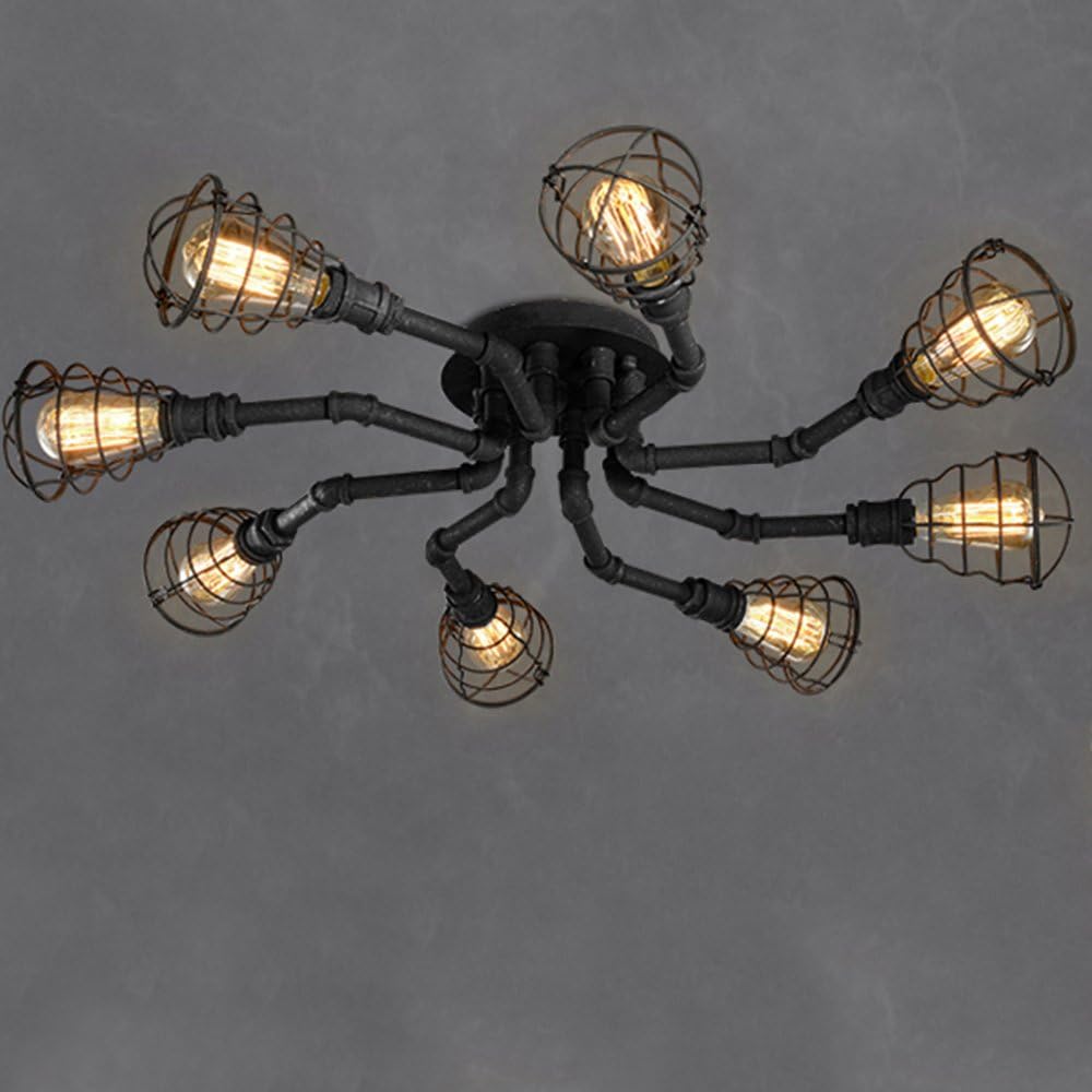 8 Lights Industrial Cage Pipe Pendant Light-LITFAD Retro Black Iron Vintage Hanging Pendant Lamp Edison Ceiling Chandelier Semi-Flush Fixtures