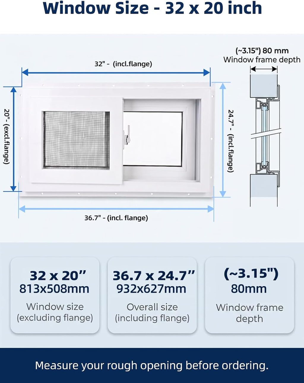 NOOTA EasyWing Basement Window 32' x 20' Double Tempered Glass, Removable Flange, Vinyl Basement Replacement Window