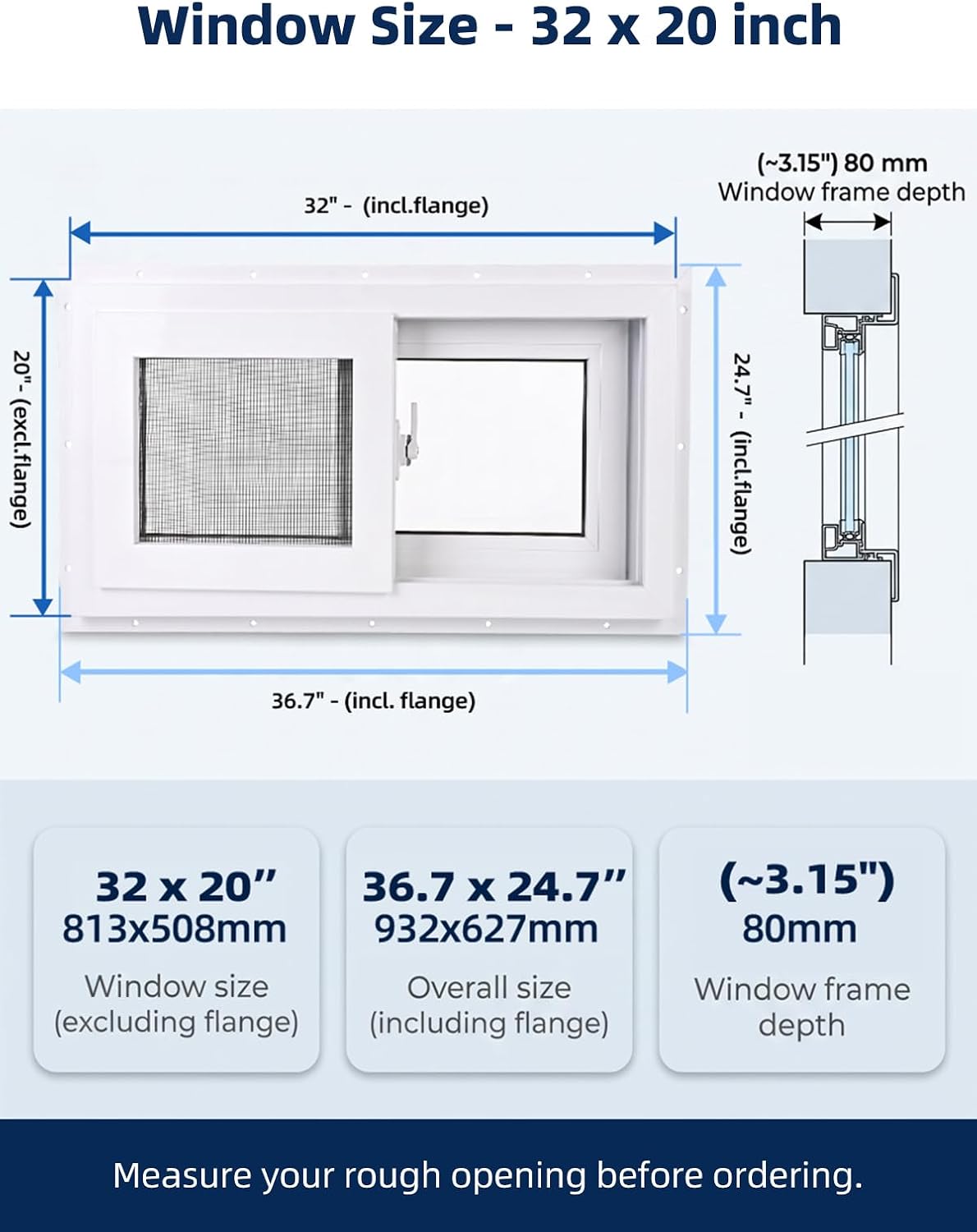 NOOTA EasyWing Basement Window 32' x 20' Double Tempered Glass, Removable Flange, Vinyl Basement Replacement Window