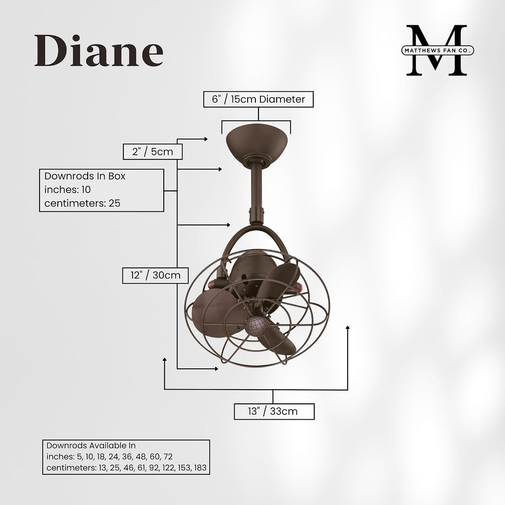 Matthews DI-TB-MTL Diane Damp Rated 90° Oscillating 13' Metal Directional Ceiling Fan with Remote, Best for Small, Awkward Spaces or in Front of HVAC Ducts, Textured Bronze