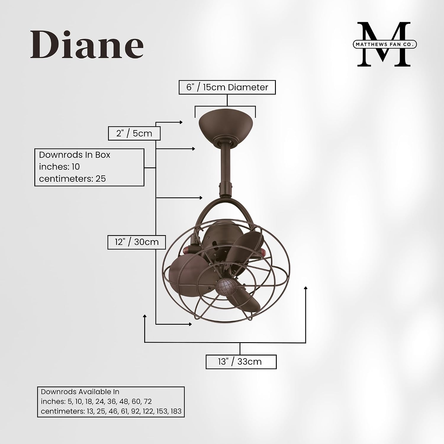 Matthews DI-TB-MTL Diane Damp Rated 90° Oscillating 13' Metal Directional Ceiling Fan with Remote, Best for Small, Awkward Spaces or in Front of HVAC Ducts, Textured Bronze