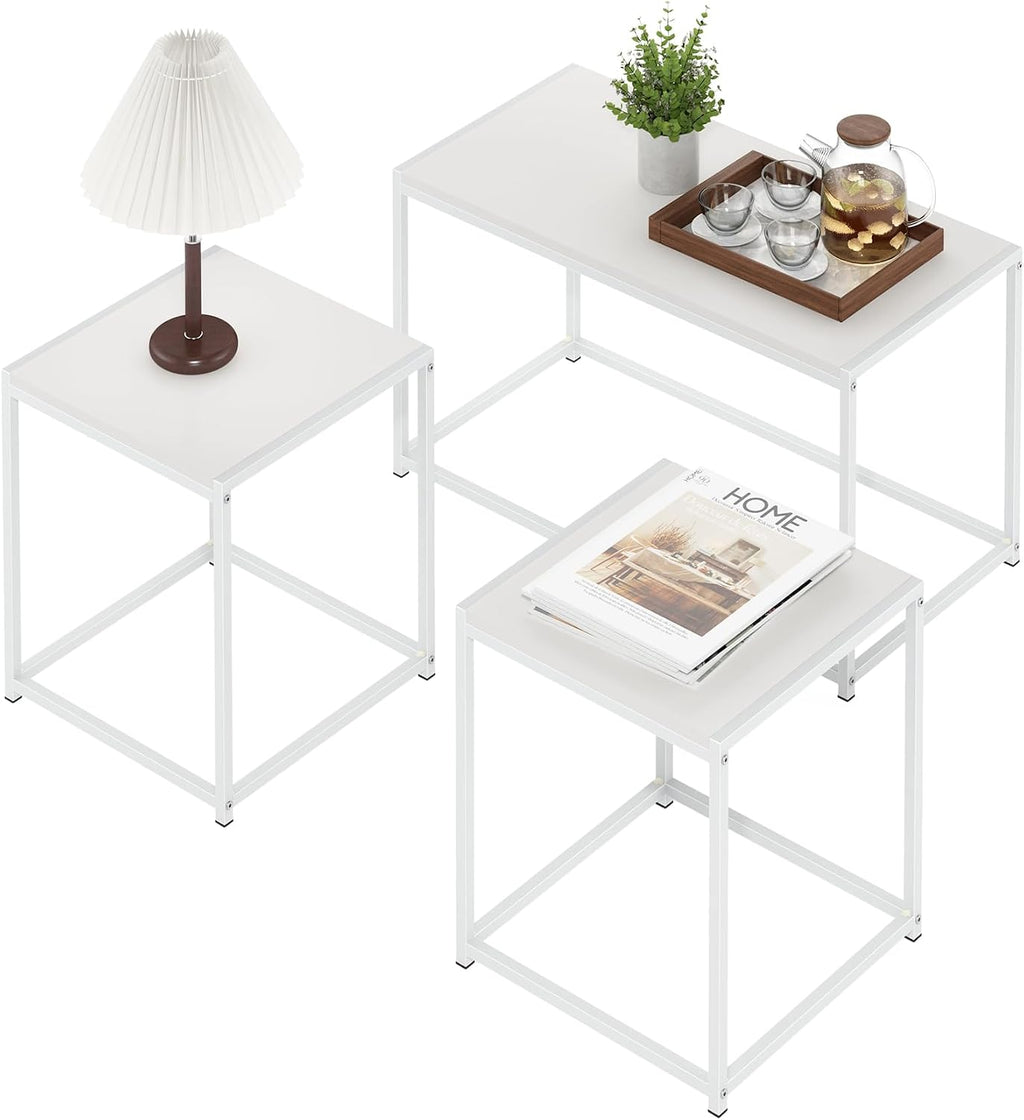 Furinno CAMNUS Coffee Table, Metal Frame Modern Center Table and Side Tables Set, Toolless Side Table Sets, for Living Room, Bedroom, Home Office, Solid White