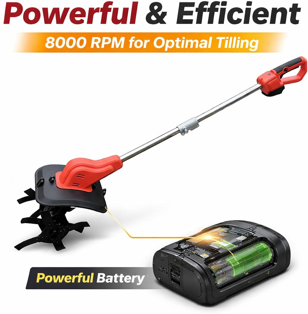 Electric Tiller Cultivator Lightweight, 24cm Depth, 30cm Width, 2 Battery Operated - Digital Display, Ergonomic Handle, Garden for Gardening Use