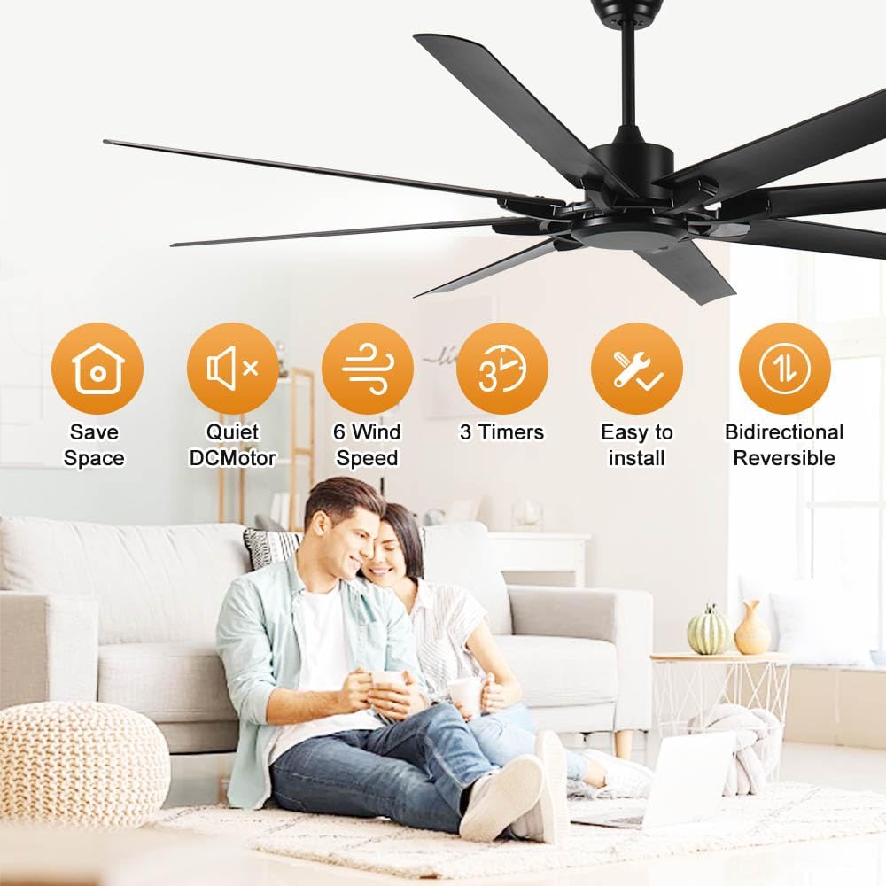 75in Industrial Ceiling Fan without light,DC Motor Shop Ceiling Fan with Remote Control,Quiet,Black ceiling Fans for Gym/Garage/Porch/Patio/Farmhouse,8 ABS fan blades