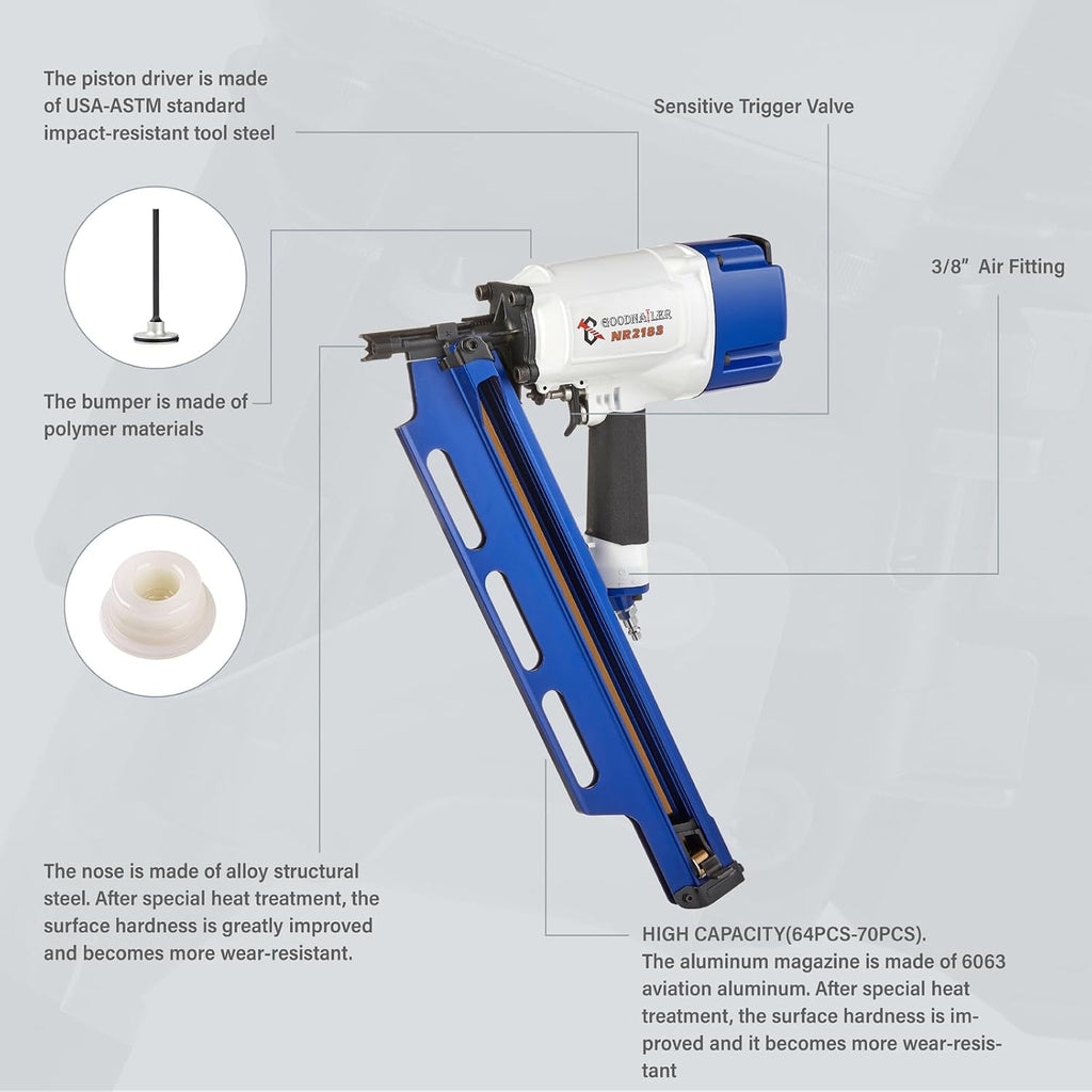 NR2183 Framing Nail Gun 21 Degree Plastic Strip Nailer 2-Inch up to 3-1/4-Inch Plastic Collated Full Head Framing Nailer Aluminum Magazine Light Weight Fast Speed （Navy Blue）