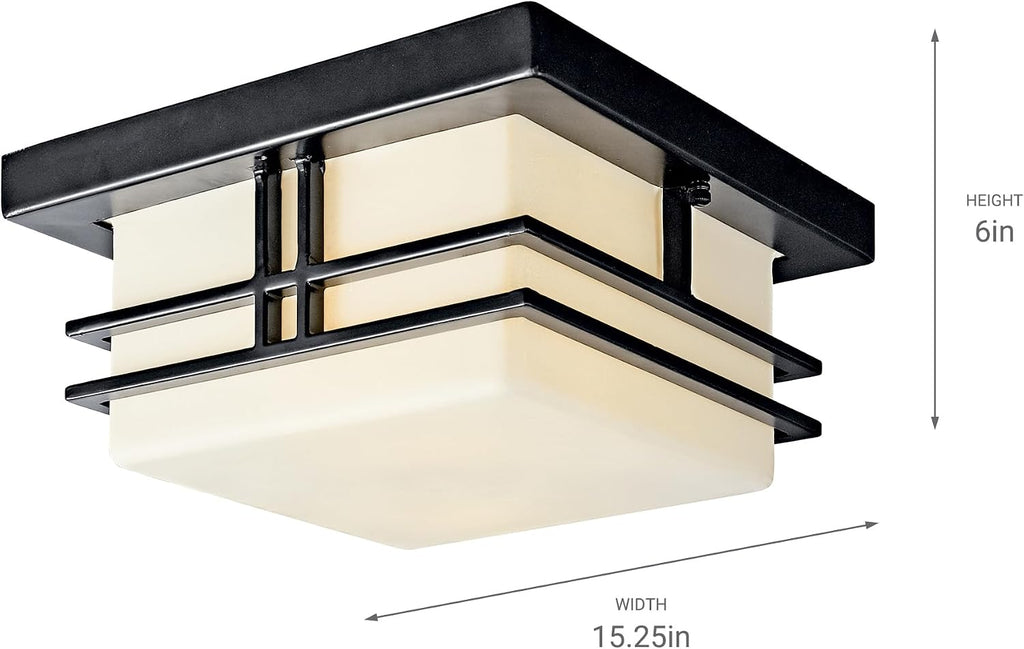 Kichler Tremillo 11.5' Outdoor Semi Flush Light in Black, 2-Light Exterior Ceiling Light with Satin Etched Cased Opal Glass, (11.5' W x 6.5' H), 49206BK