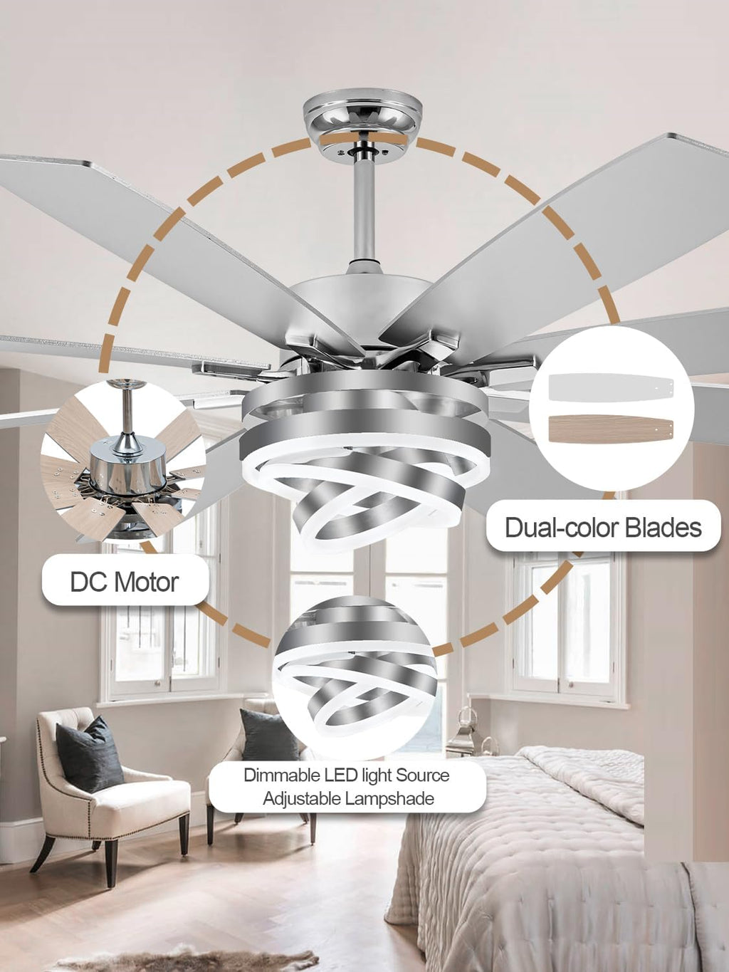 72 Inch Fandelier Ceiling Fan with Lights and Remote Large Modern Ceiling Fan Silver Chandelier Dimmable LED Light, Reversible Quiet DC Motor 3CCT 6 Speed for Living Room Indoor Outdoor