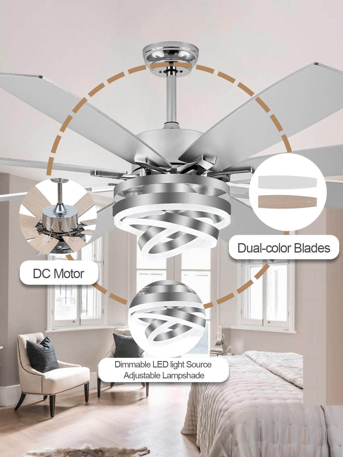 72 Inch Fandelier Ceiling Fan with Lights and Remote Large Modern Ceiling Fan Silver Chandelier Dimmable LED Light, Reversible Quiet DC Motor 3CCT 6 Speed for Living Room Indoor Outdoor