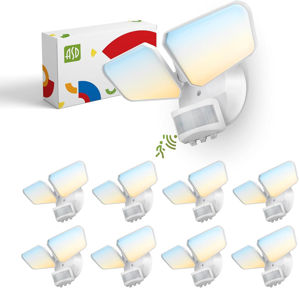ASD LED Motion Sensor Outdoor Lights, 20W 5 CCT Flood Lights Outdoor, Dusk to Dawn Motion Lights for Outside with Photocell, Wired Security Lighting for Porch, House, Garage, UL DLC, White, 8 Pack