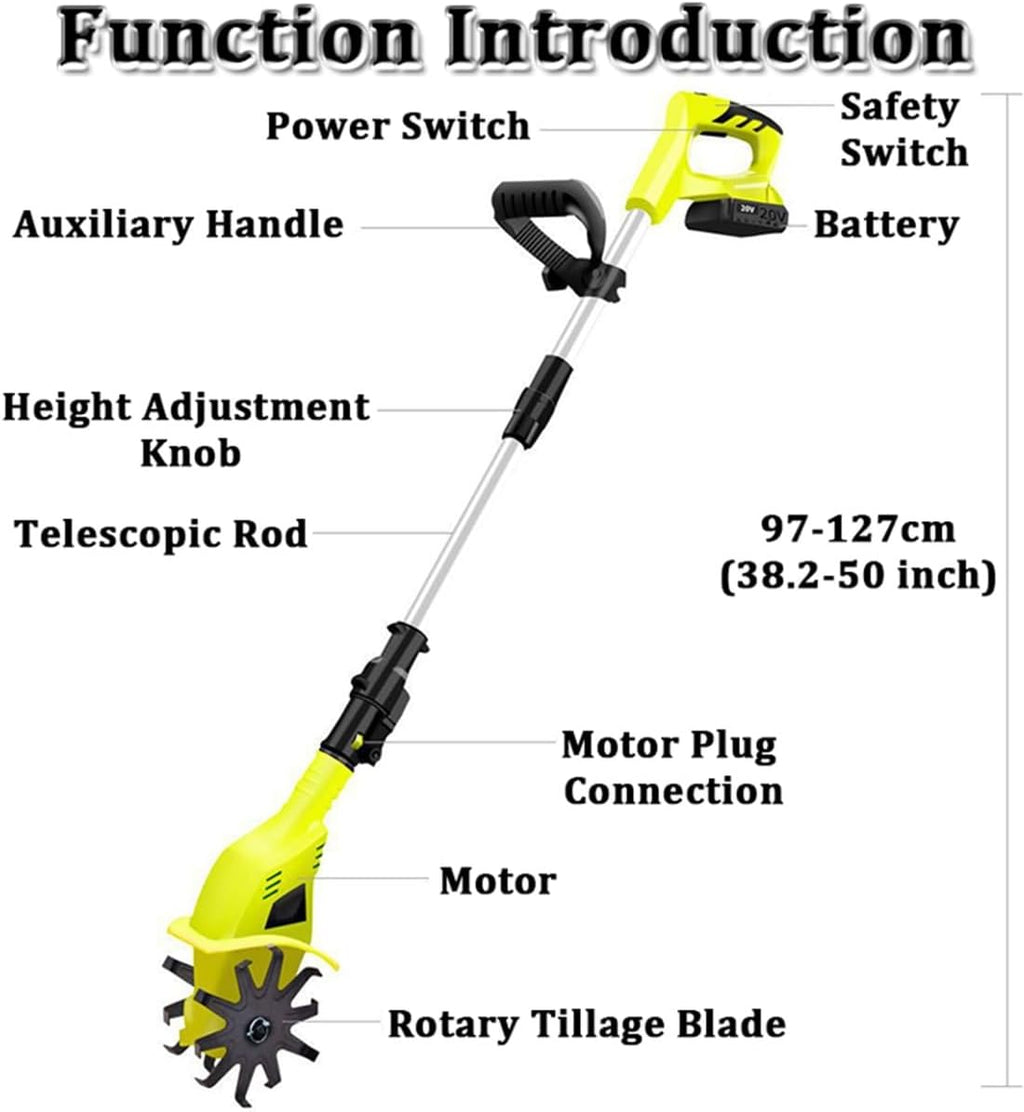 Portable Garden Cultivator Electric Cordless Tiller with 2×12Ah Rechargeable Battery for Gardens, Vegetable Patches, Orchard - 97-127cm Adjustable Rod