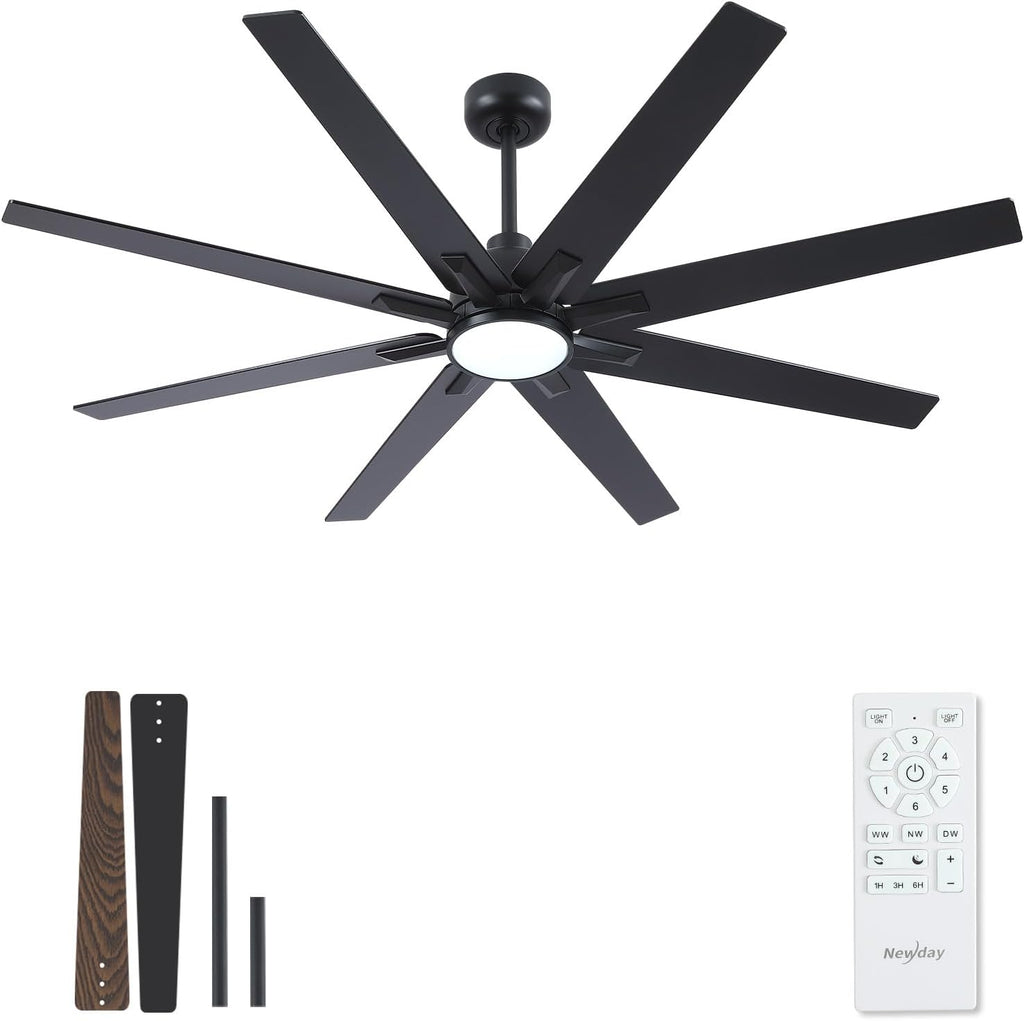 Newday 62 inch Large Ceiling Fans with Lights and Remote, Indoor/Outdoor Black Modern Ceiling Fan for Kitchen Living Room Patio, 6 Speed Reversible Quiet DC Motor, 3 CCT, Dual Finish 8 Blades