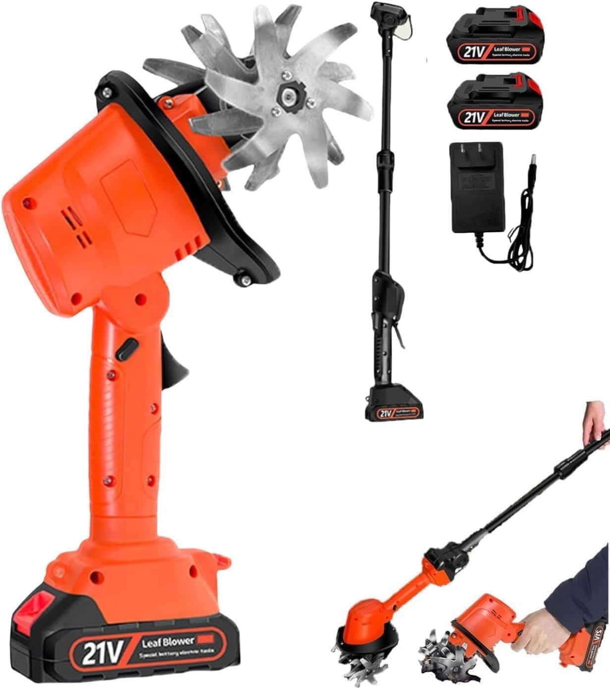 24v Cordless Electric Tiller Cultivator,Electric Garden Rotavator,Garden Soil Cultivator Rotavator,10cm Tilling Width,10cm Working Depth,for Farm,Yard,Lawn(2 Batteries+1 Extension Pole)