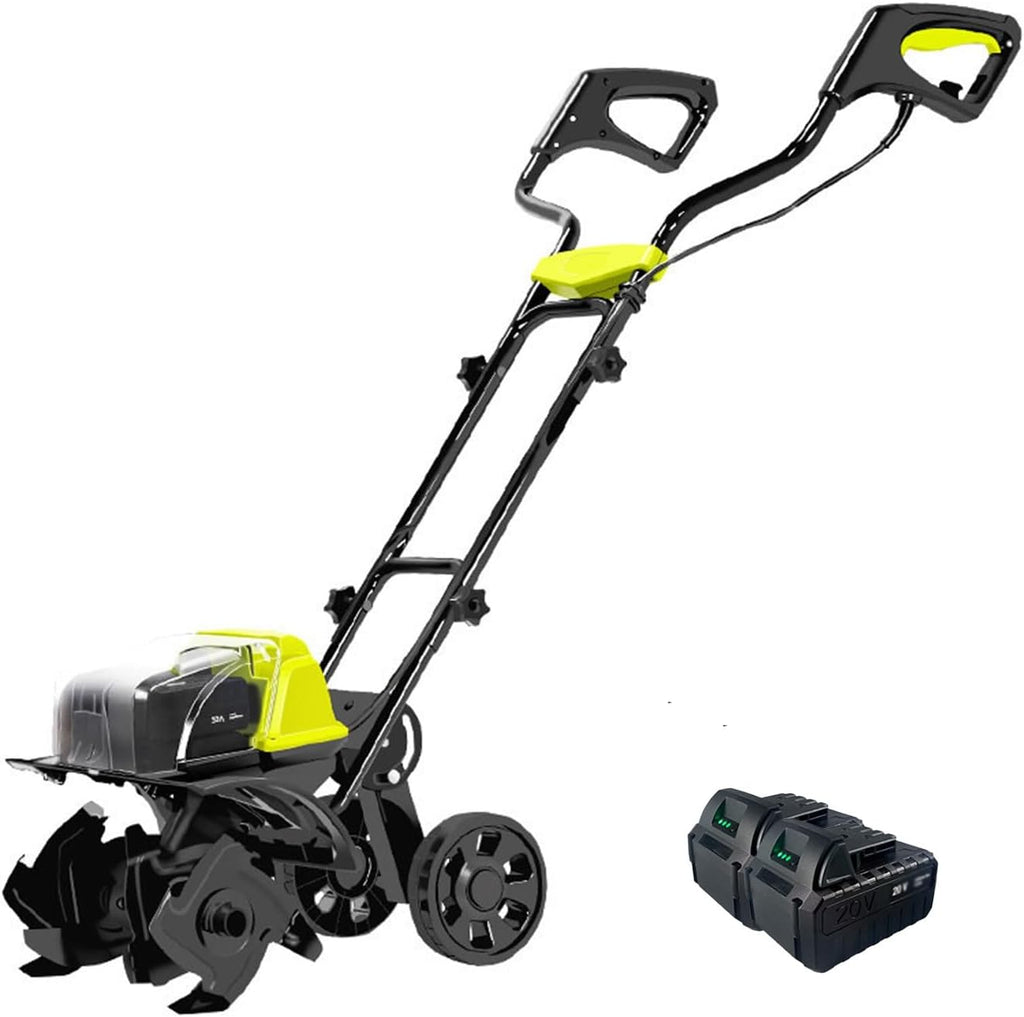 Cordless Tiller Cultivator, Garden Rototiller with Dual-Assist Wheel, Electric Tiller Cultivator with Safety Dual On/Off Switch for Orchard Vegetable Patch Yard