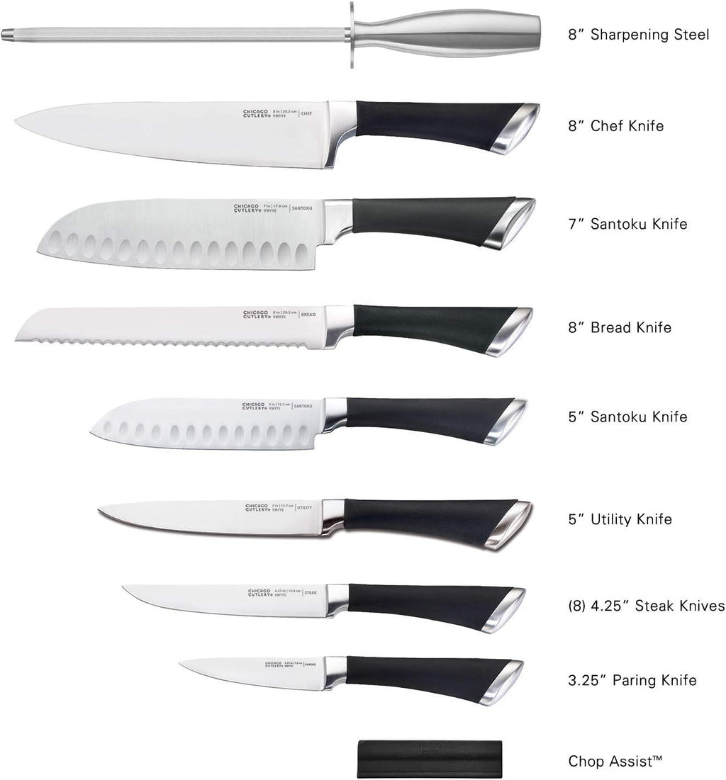 Chicago Cutlery Fusion 17 Piece Kitchen Knife Set with Wooden Storage Block, Cushion-Grip Handles with Stainless Steel Blades that Resists Stains, Rust, and Pitting