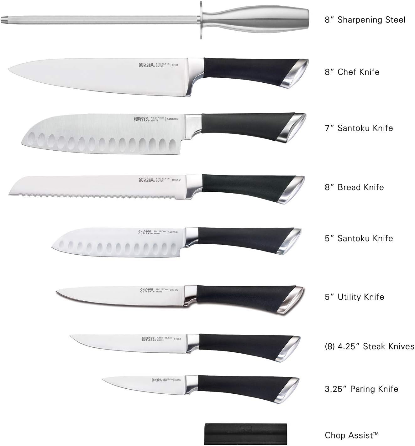 Chicago Cutlery Fusion 17 Piece Kitchen Knife Set with Wooden Storage Block, Cushion-Grip Handles with Stainless Steel Blades that Resists Stains, Rust, and Pitting