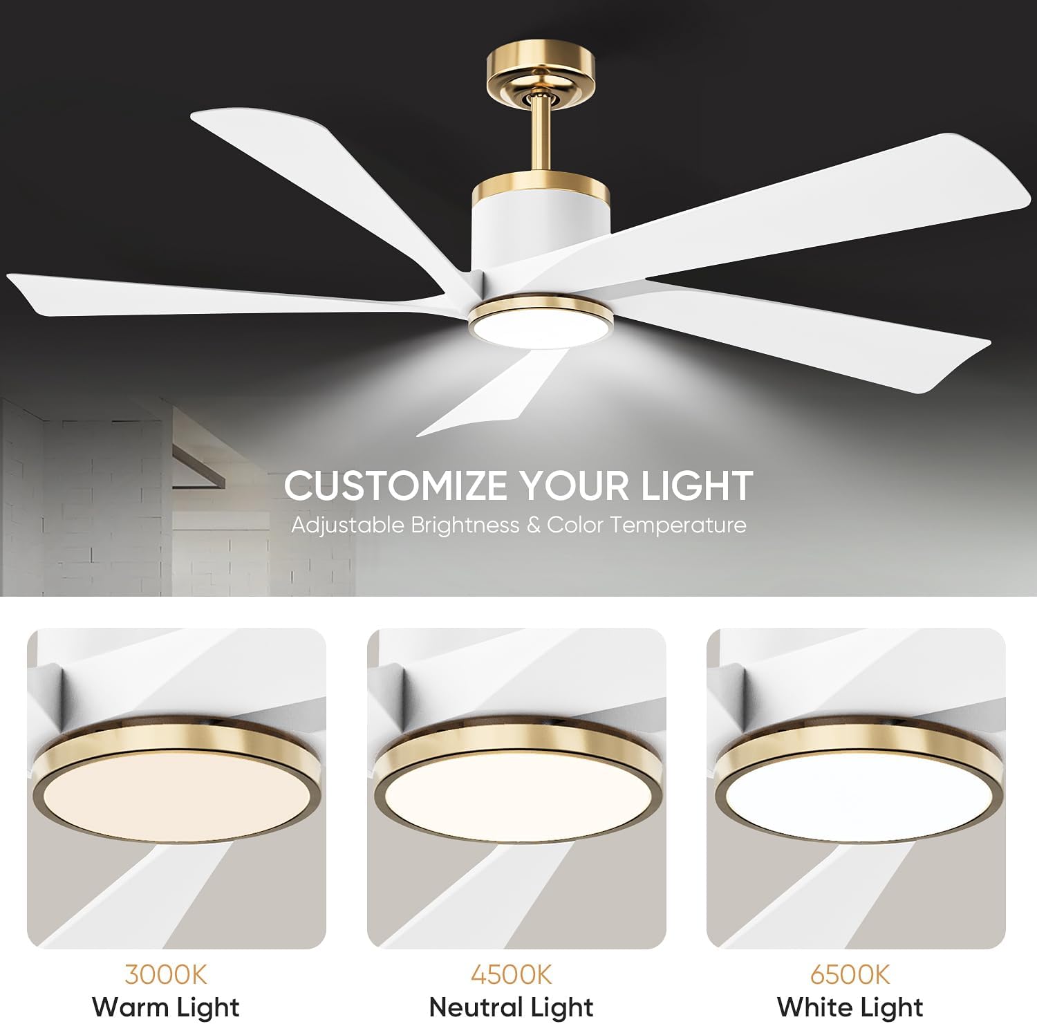 TXCSLY 52' Ceiling Fans with Lights and Remote, Modern Ceiling Fan with Light, Indoor Outdoor Ceiling Fan for Living Room, Bedroom, 5 Blade 3 Color Temperature LED Dimmable (White & Gold)