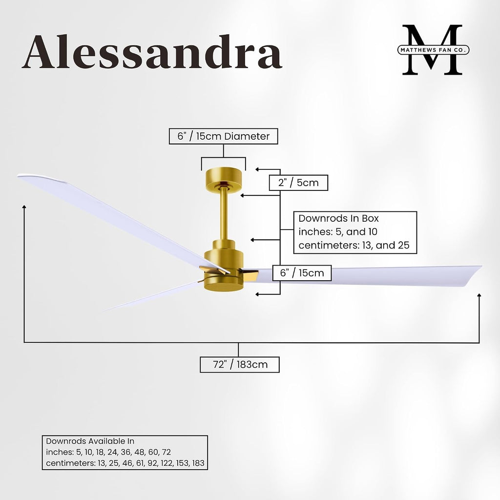 Matthews AK-BRBR-MWH-72 Alessandra Wet Rated 72' Outdoor Ceiling Fan without Light, Remote Included, Silent DC Motor, Brushed Brass with Matte White