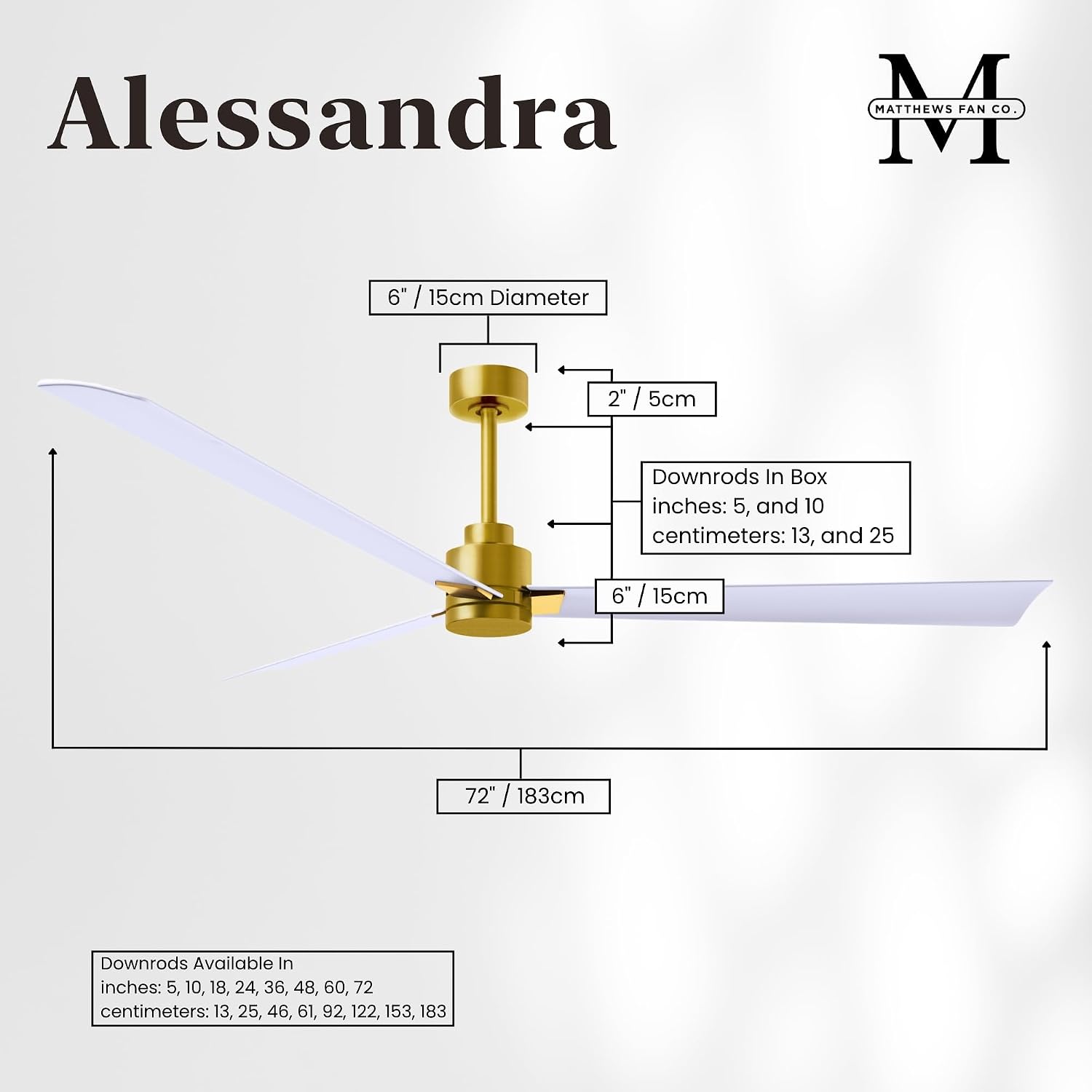 Matthews AK-BRBR-MWH-72 Alessandra Wet Rated 72' Outdoor Ceiling Fan without Light, Remote Included, Silent DC Motor, Brushed Brass with Matte White