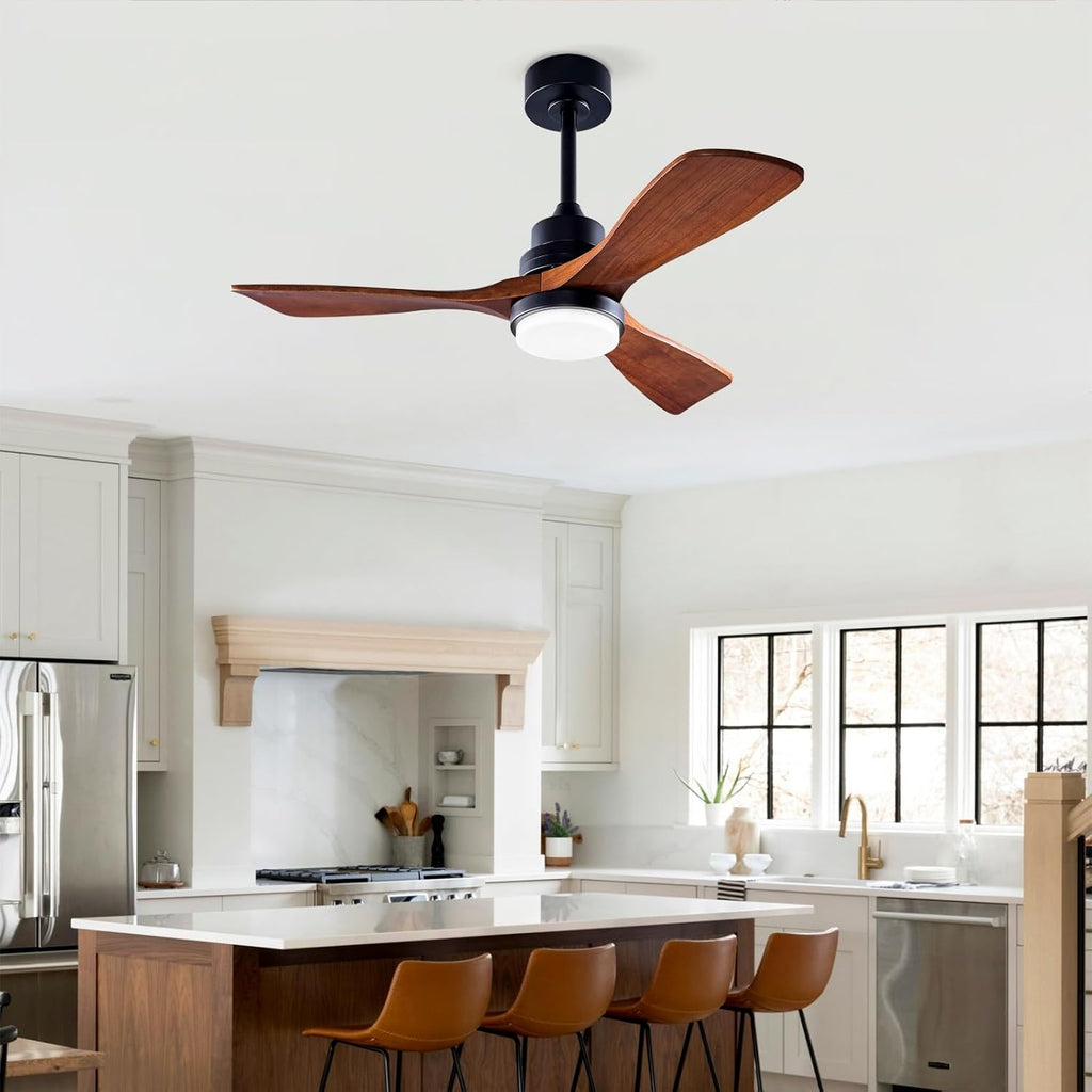 42 Inch Ceiling Fan with Lights and Remote, Outdoor Ceiling Fan for Patios 3 Blades Modern Noiseless Reversible DC Motor, Wood Fan for Farmhouse, Black