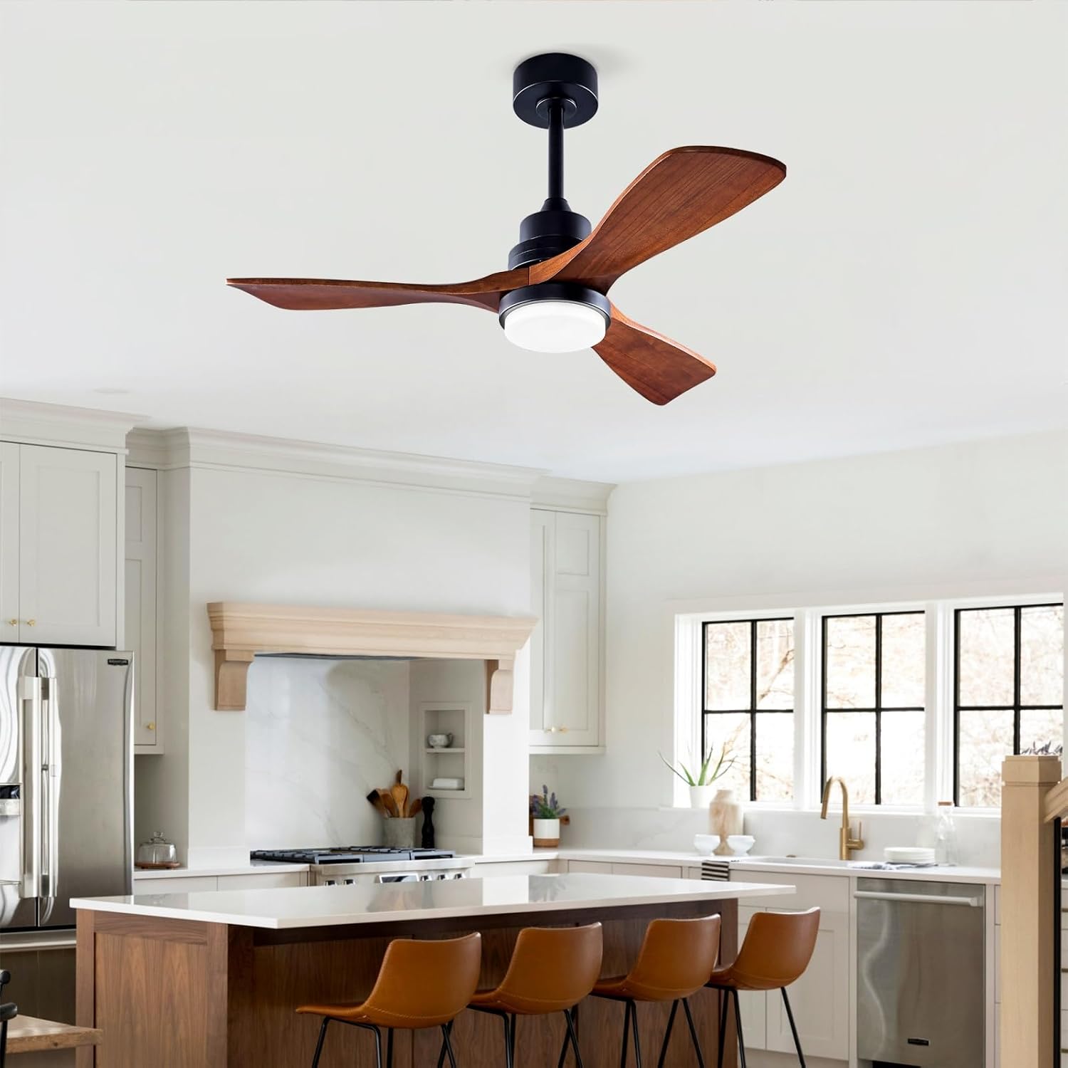 42 Inch Ceiling Fan with Lights and Remote, Outdoor Ceiling Fan for Patios 3 Blades Modern Noiseless Reversible DC Motor, Wood Fan for Farmhouse, Black