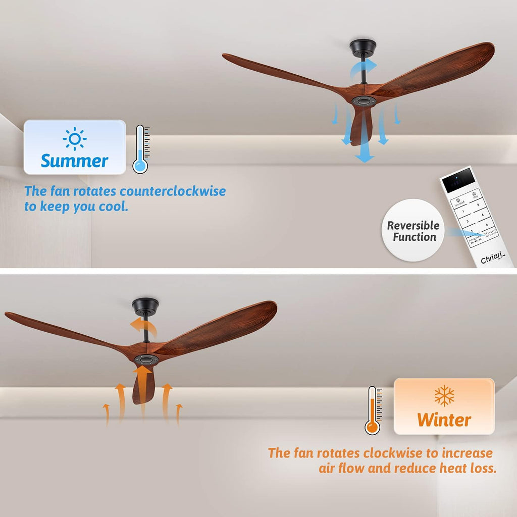 60'' Walnut Ceiling Fan with 3 Wood Blades, 6 Speeds Smart Timing Reversible DC Motor, Modern Black Fan for Indoor/Outdoor Farmhouse/Patios