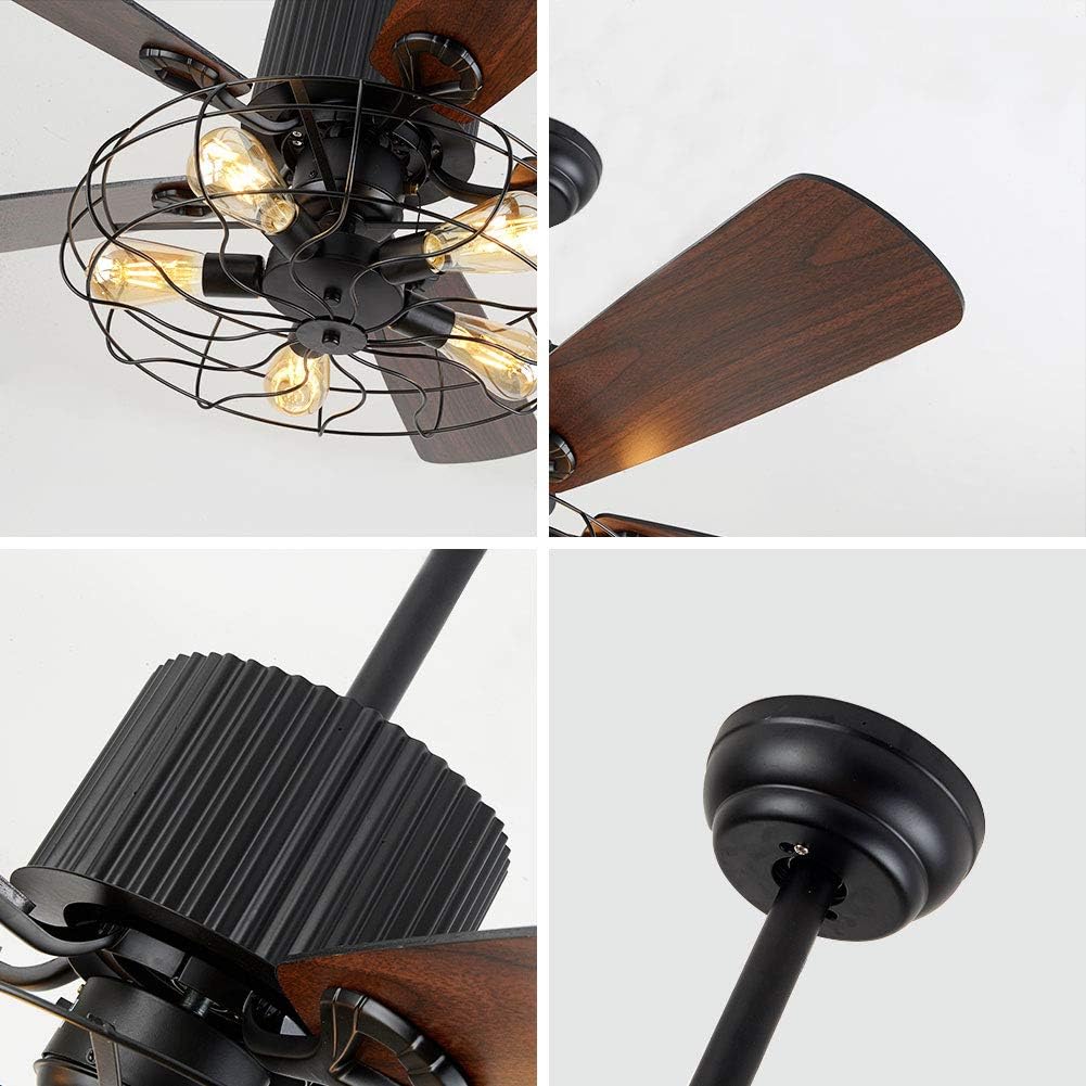 52 Inch Black Ceiling Fan with LED Light and Remote Control,Creative Design Chandelier Fan Light with 5 Wood Reversible Blades Black Metal Lampshades,Quiet Motor